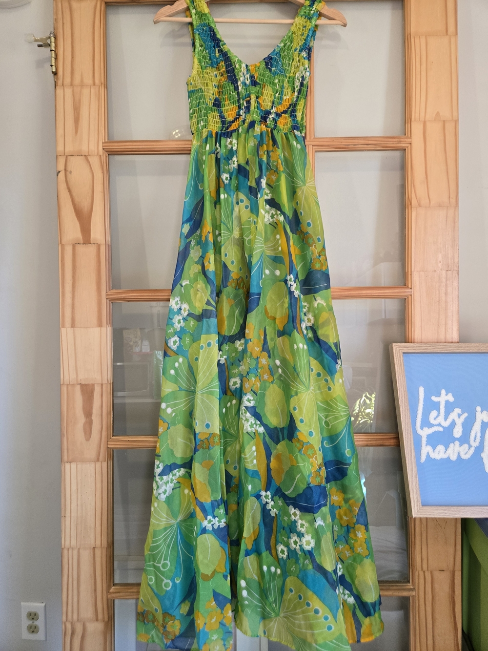 Vintage 1960s 70s Hippie Boho Smocked Flowy Sheer Green Floral Maxi Dress Size S